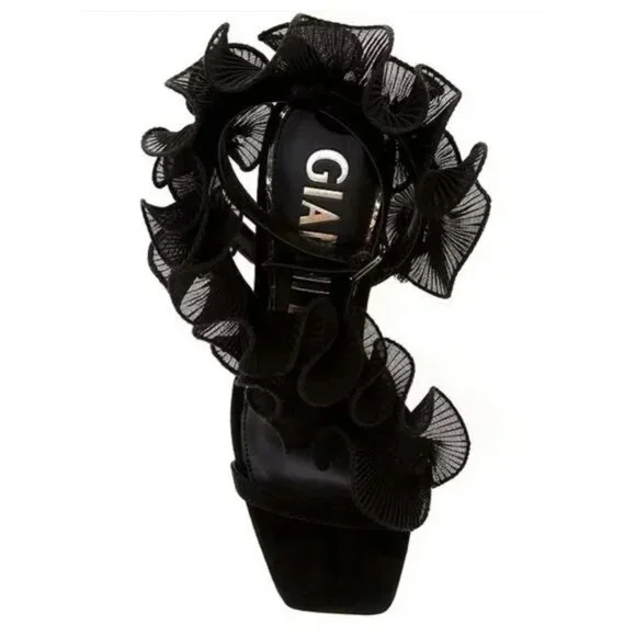 Gianni Bini Franz Sandals High Heels Size 6 Black Suede Chiffon Ruffle NEW - Picture 3 of 15